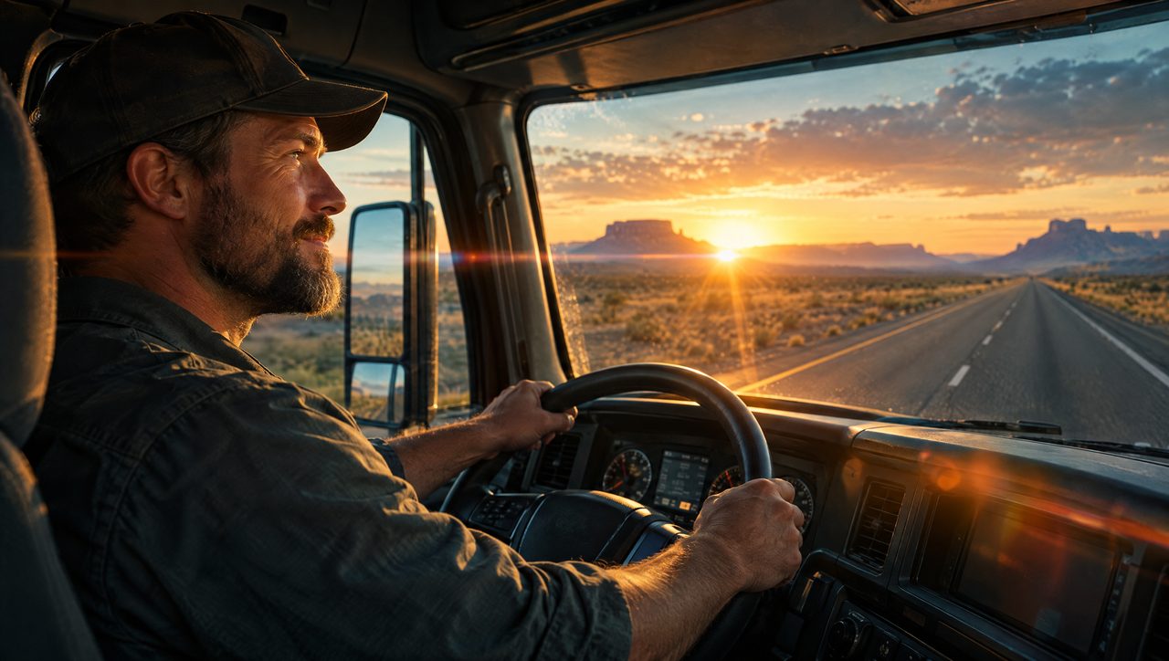 CDL driver at the wheel of a company-supplied semi truck at sunrise