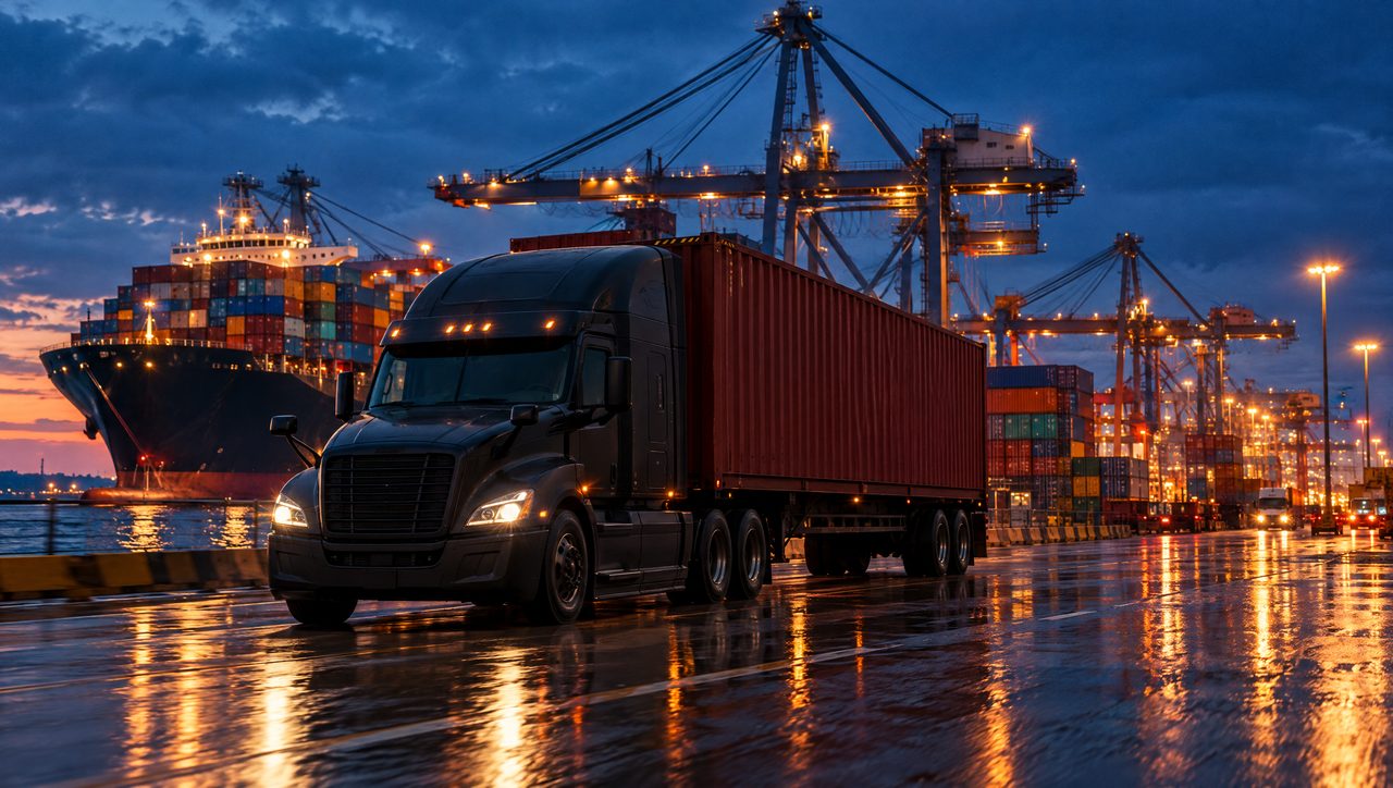 Semi truck hauling a shipping container out of a port at blue hour