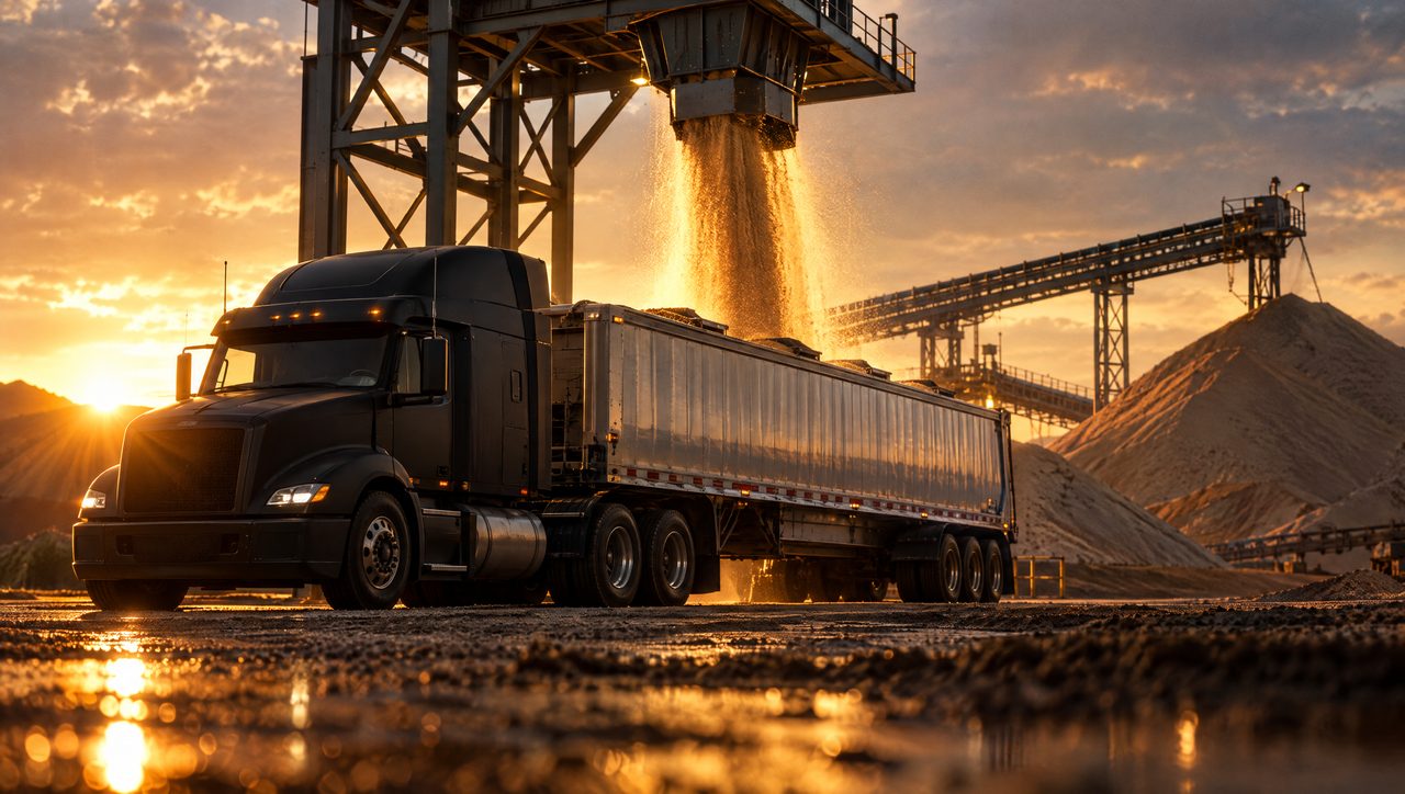 Frac sand pouring from a transload chute into a sand trailer at sunrise