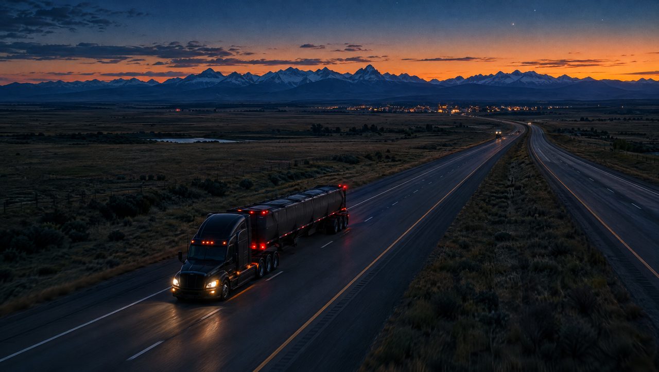 Truck on an interstate at dusk heading across the country