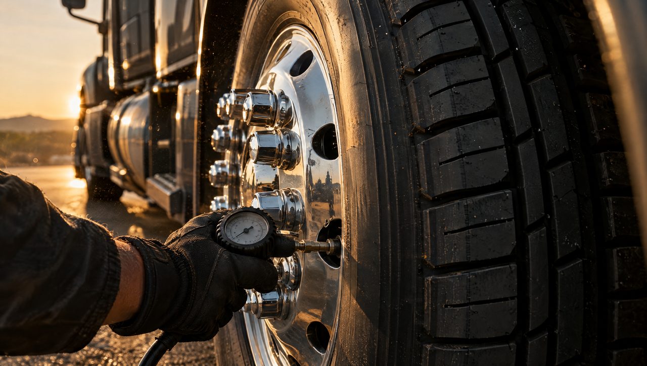 Driver checking tire pressure on a company-maintained semi truck