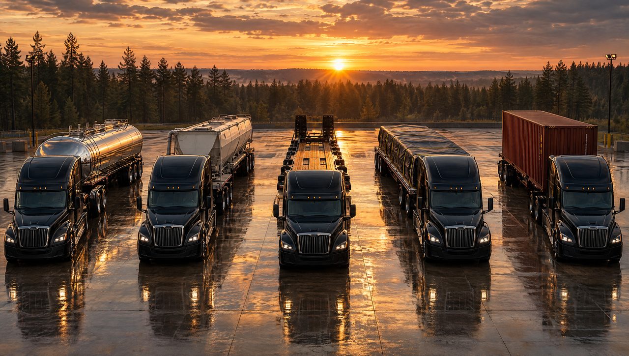 Black semi trucks lined up with tanker, hopper, lowboy, flatbed and container trailers